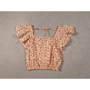 Luna Moon Womens Beige Floral Ruffle Sleeve Cropped Back Tie Blouse Size S